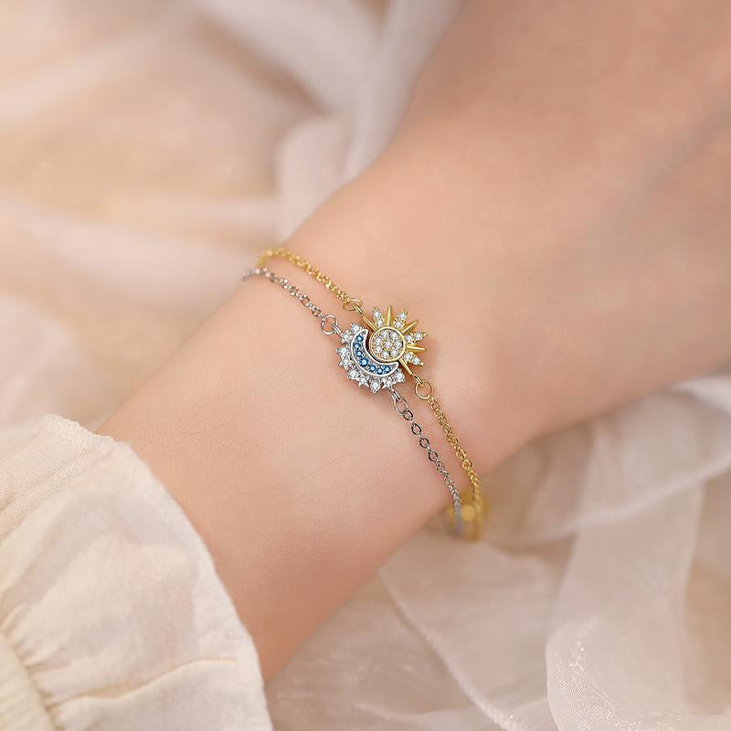 Sun Moon Bracelet Set Stackable Bracelet for Women Men Sparkling Gold Sun Ring/Blue Moon Bracelet Couple Bracelet Matching Bracelet as Friendship